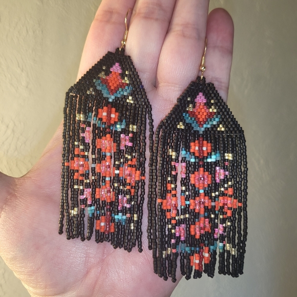 Handmade Beaded Floral Folk Blossoms Fringe Earrings  - Fiona - Picture 5 of 8